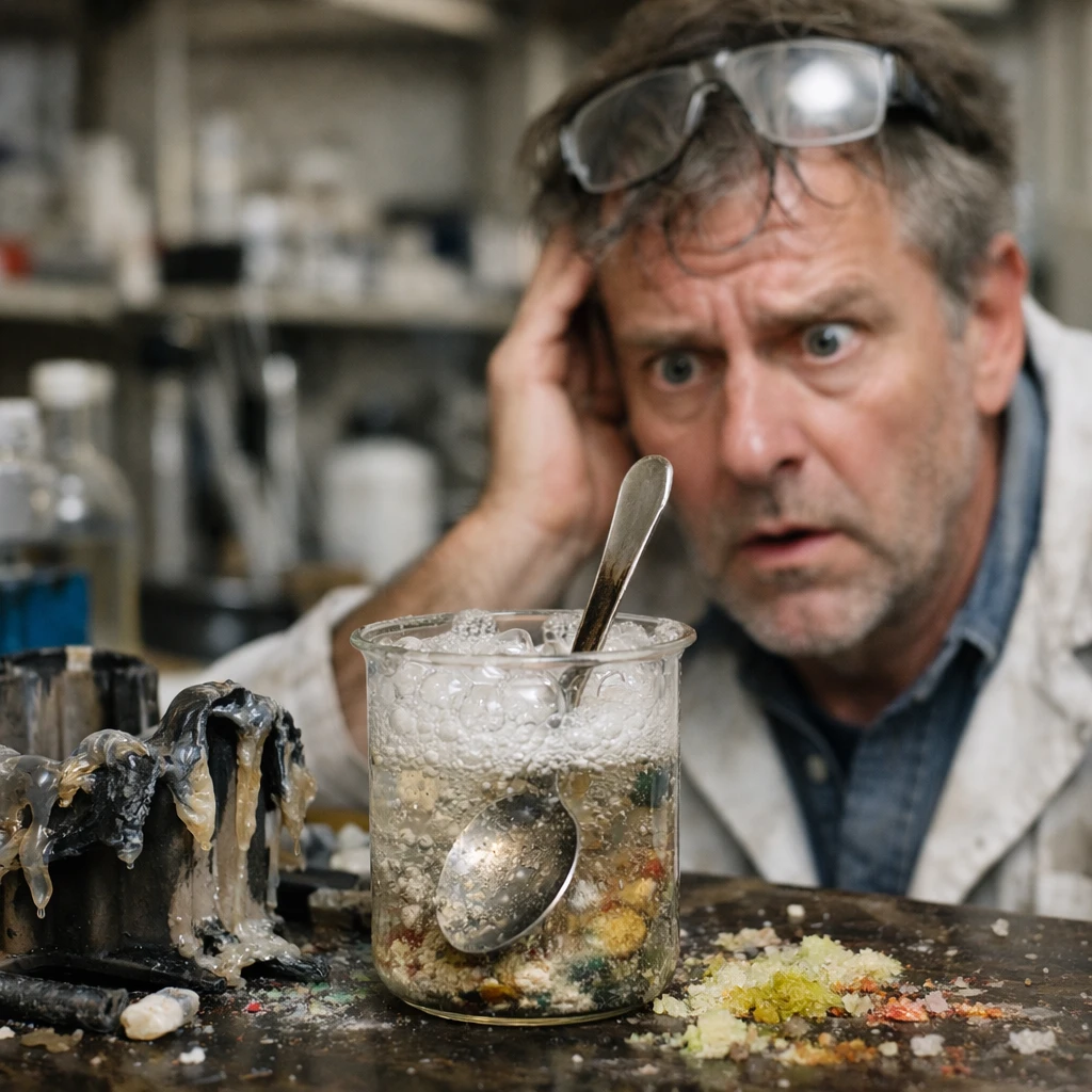 研究室で分厚い眼鏡の科学者が、泡立つビーカーに半分沈んだ銀色のスプーンと溶けかかった実験器具を呆然と見つめている様子。
