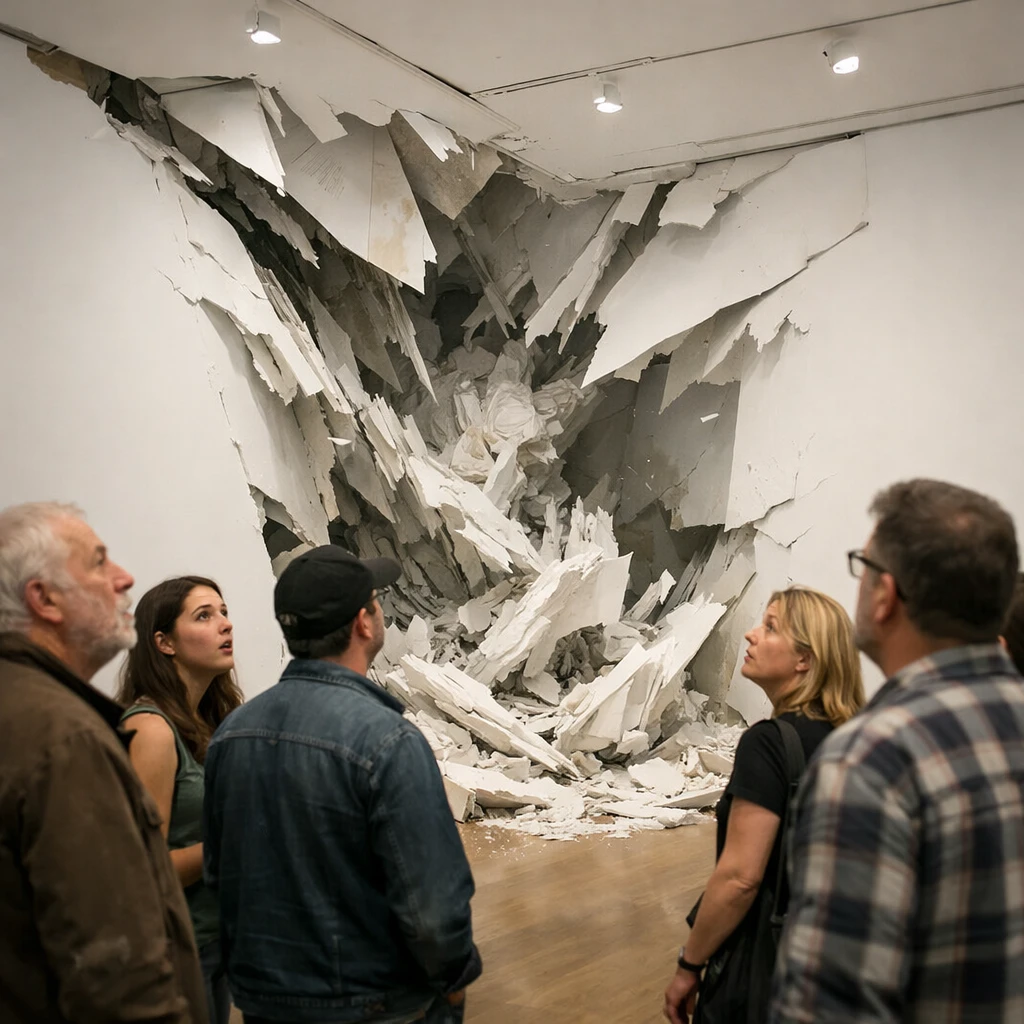 美術館の展示室で壁や天井が作品に吸い込まれる様子を驚きの表情で見つめる来場者たちの写真。