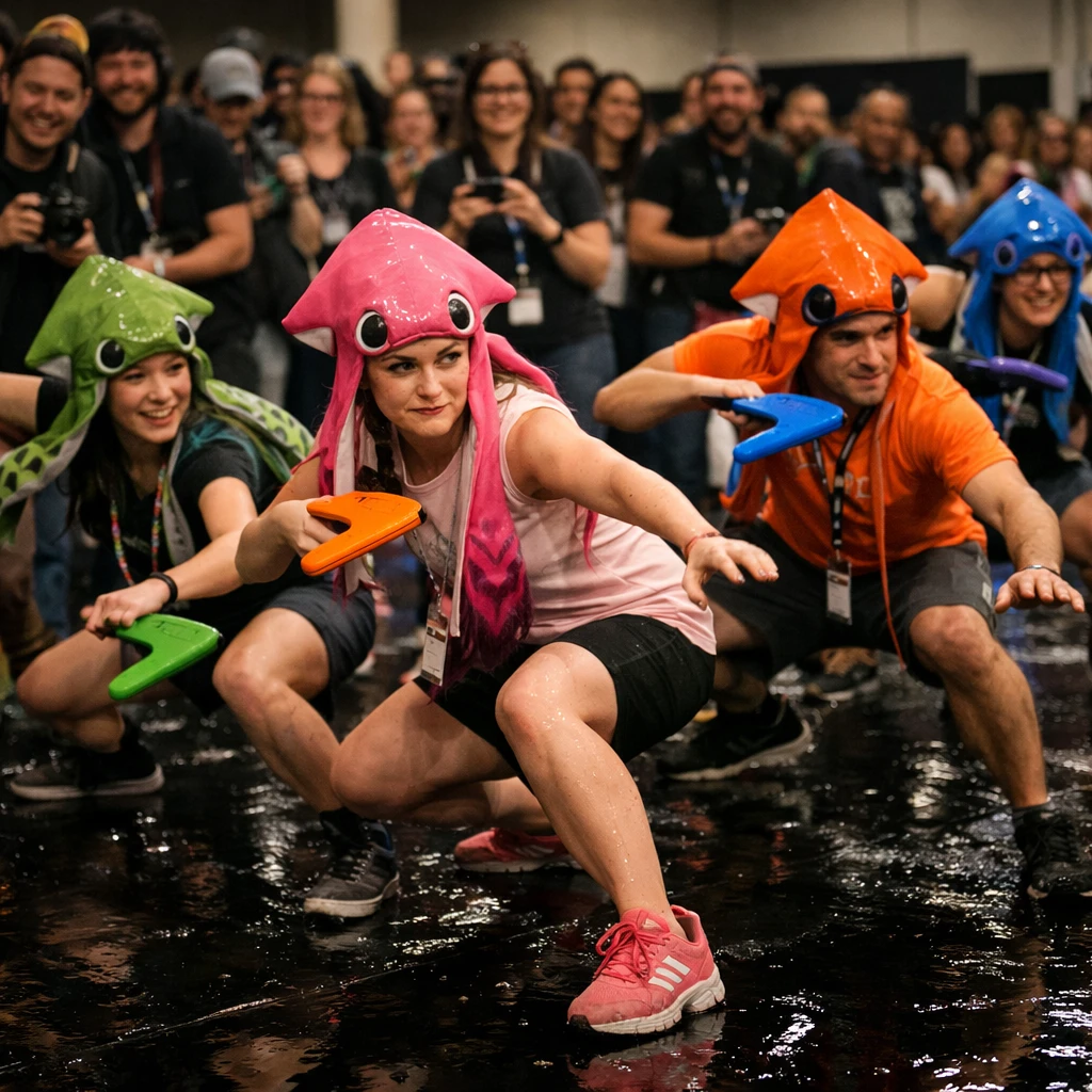 イカ風のコスプレをした参加者たちが黒く滑りやすい床の上でブーメラン型コントローラーを構えているeスポーツ大会会場の様子。