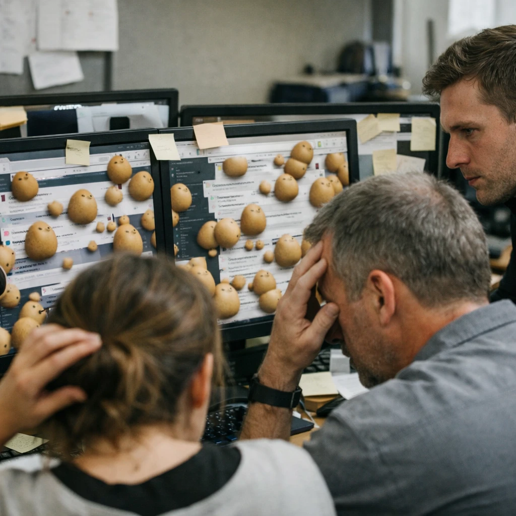 複数のオフィスワーカーが困惑した表情で、ジャガイモ型キャラクターが跳ねている混乱したチャット画面をパソコンで見つめている様子の写真です。