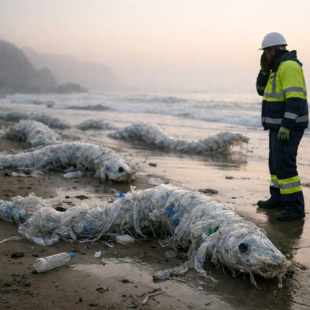 濡れた砂浜をウナギ型のプラスチックごみがうねりながら進み、作業服姿の清掃員が驚いて見つめている様子の写真。