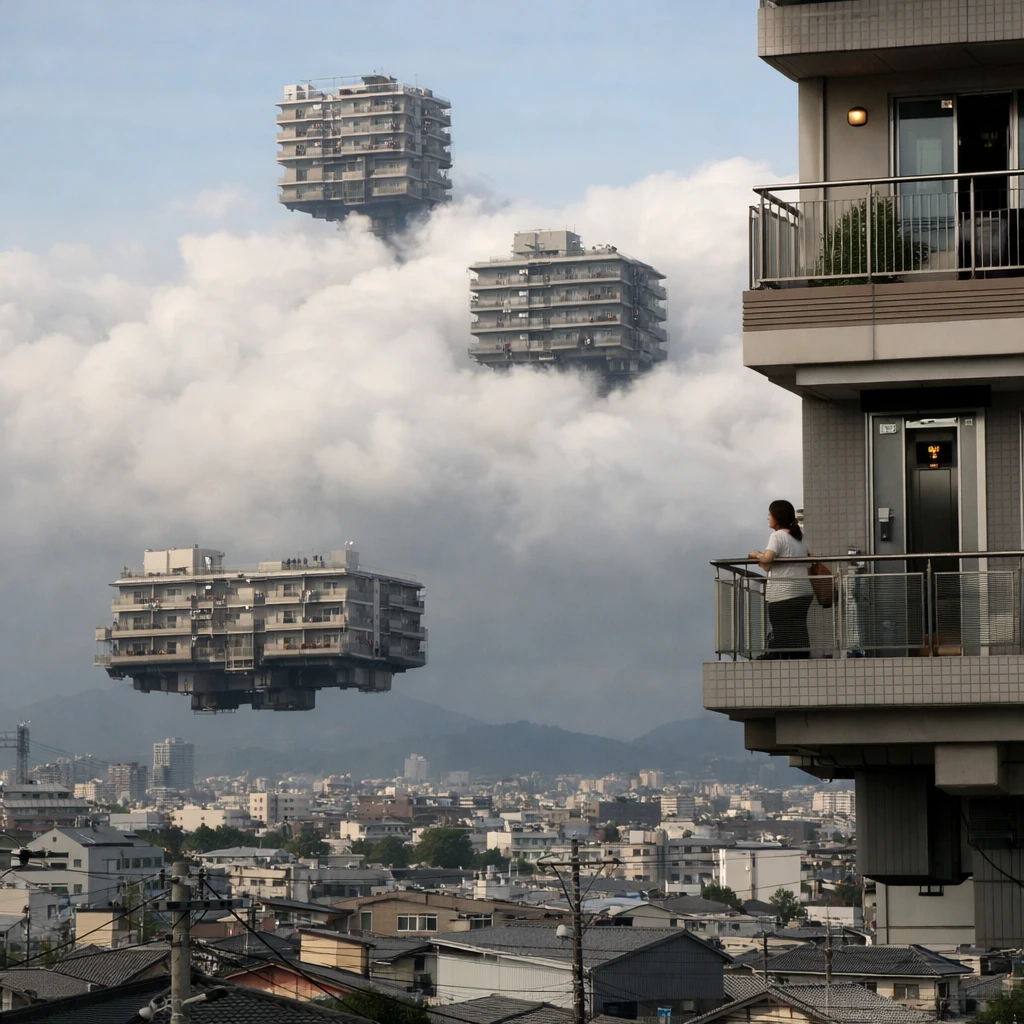 異なる高さに浮かぶ未来的な集合住宅群と、その下に広がる現代の日本都市を俯瞰した実写風の写真。