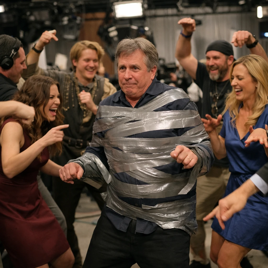 生放送中のテレビスタジオで、テープでぐるぐる巻きにされたプロデューサーを出演者らが囲みながら混乱気味に踊っている様子。