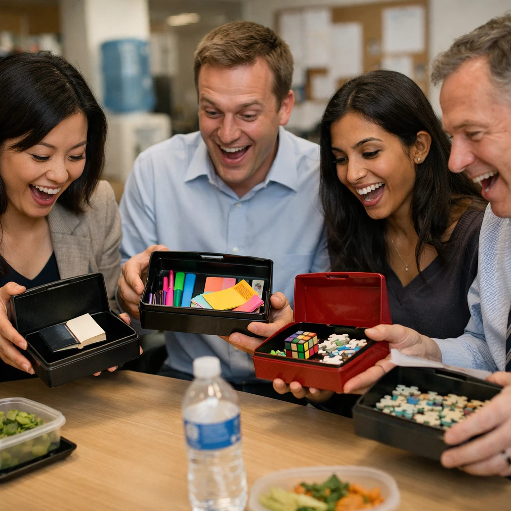 オフィスのランチテーブルで複数の会社員が中身の予想外な弁当箱を開けて驚く様子。