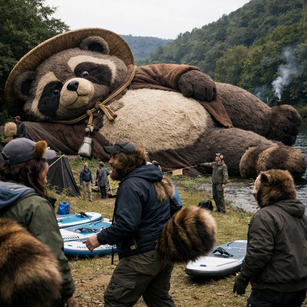 川辺の広場に巨大なタヌキが横たわり、その周りに驚く表情の人々やタヌキに変身しつつある参加者、しっぽが付いたサウナテントなどが点在する屋外の様子。