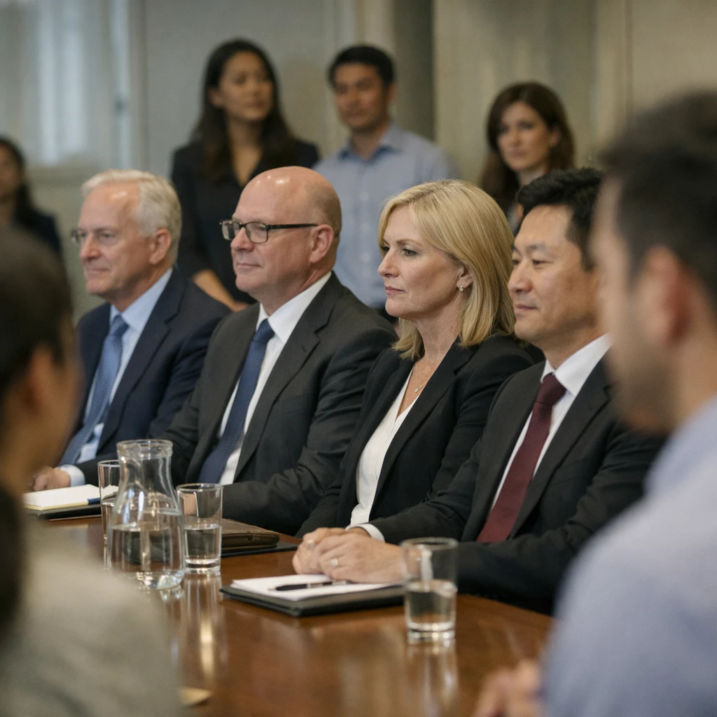 会議室のテーブルに無表情で静かに座る複数のスーツ姿の役員と、それを興味深そうに見つめる社内メンバーの様子。