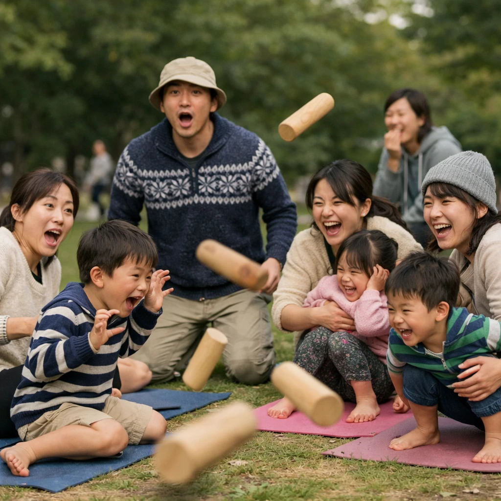 芝生公園でヨガ中の親子たちがモルックの木製ピンが飛び交う混乱の中で驚きながらも笑顔を見せている様子。