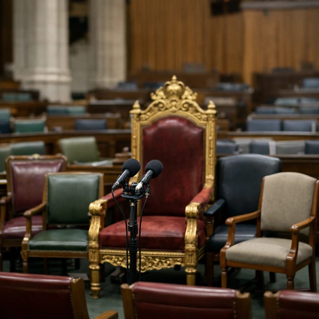国会議事堂の中央で記者会見のように並べられた様々な椅子が写っている写真。