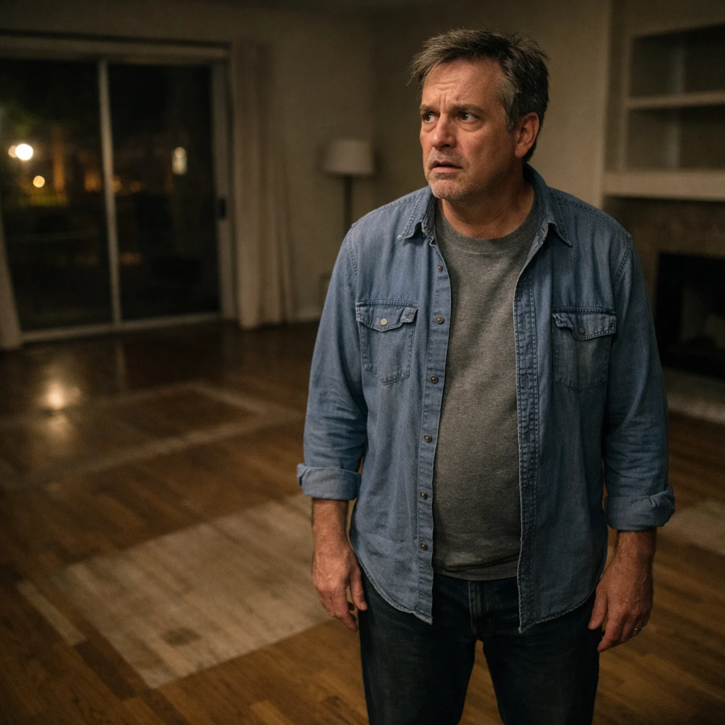 深夜、家具の消えたリビングで呆然と立ち尽くす中年男性の実写写真。