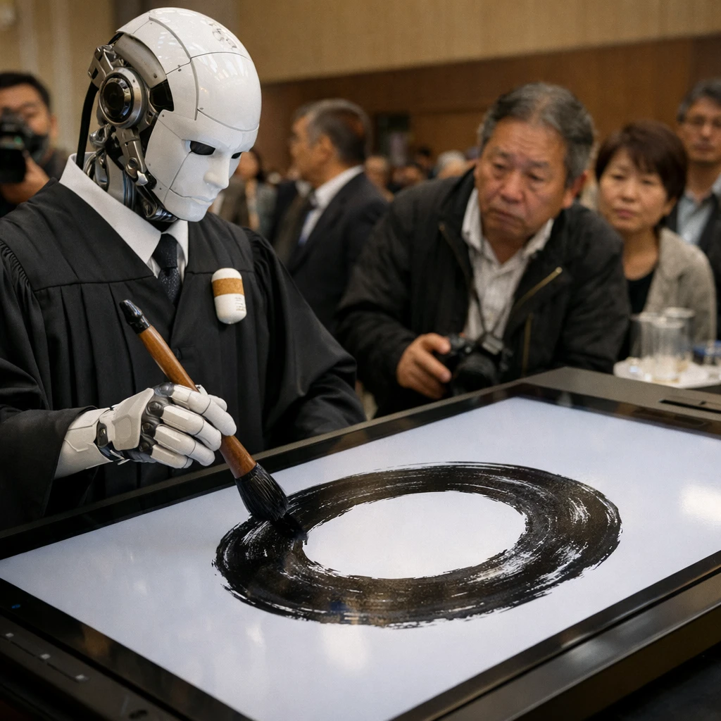 AI判事が法服にちくわ型バッジをつけ、大きなデジタルタブレットでちくわ記号を書道パフォーマンスしている公式イベント会場の様子。