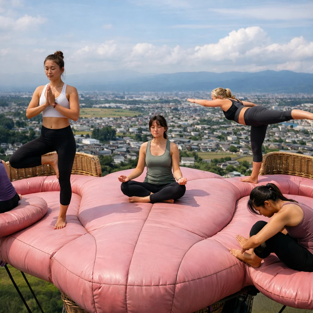 子宮型の巨大バルーン上で複数の女性が運動ポーズを取りながら上空に浮かんでいる様子。