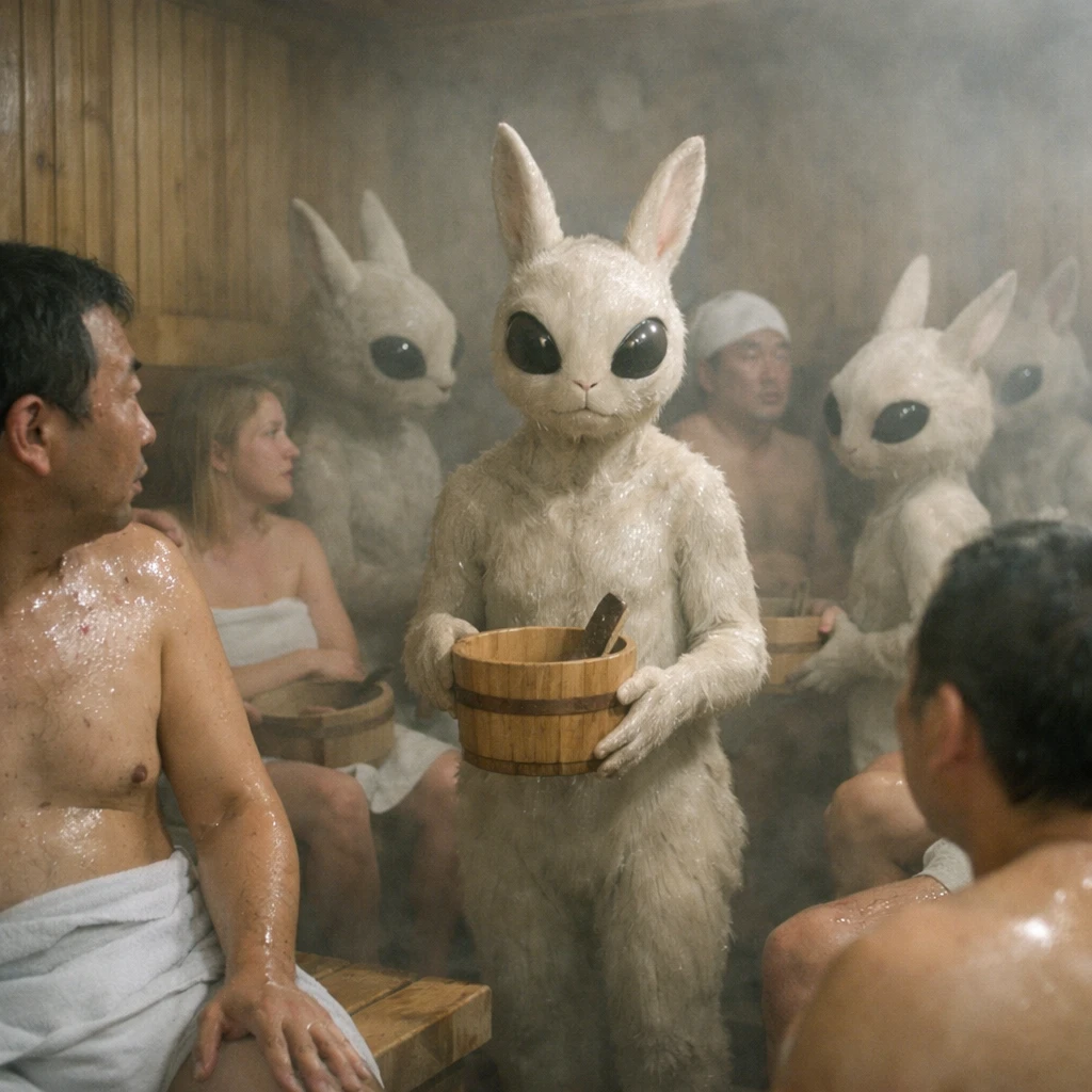 混雑したサウナ室で火星由来のうさぎ型生命体と人間利用客が共に蒸気の中で過ごしている様子。