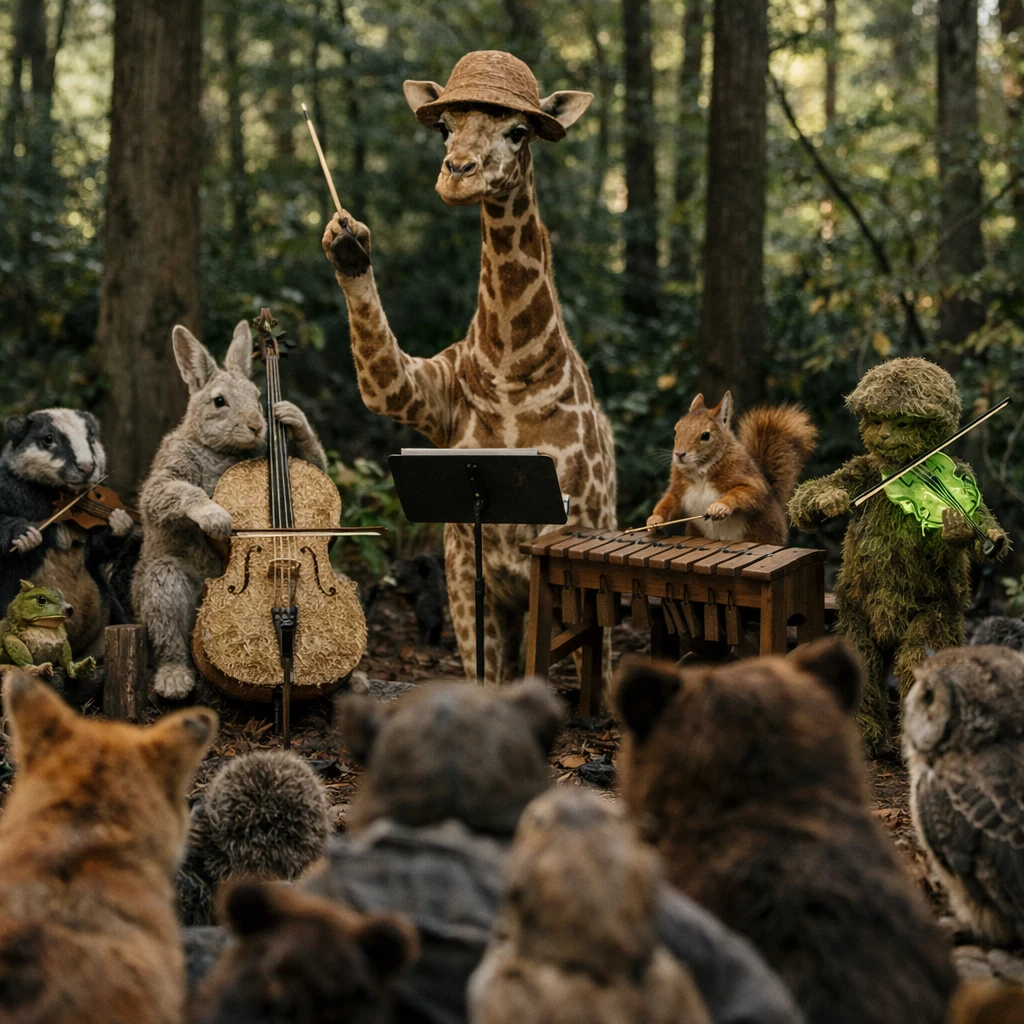 森の中で麻や藻類素材の楽器を演奏する動植物の楽団とキリン指揮者を撮影した写真風の一場面。