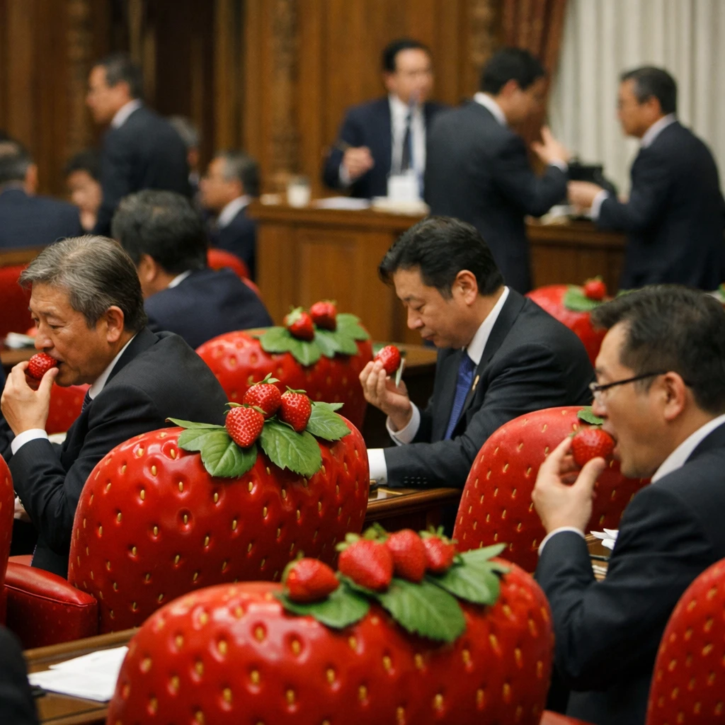 日本の国会議場で、赤いいちご型の椅子から本物のいちごが生え、議員が果実を摘み食いしている様子の写真。