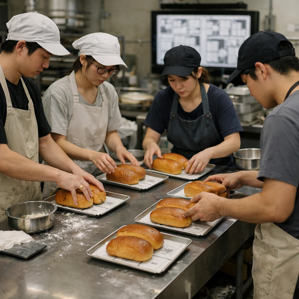 食パン工場のベルトコンベアでパンを並べるエプロン姿のアシスタントたちの実写風写真。