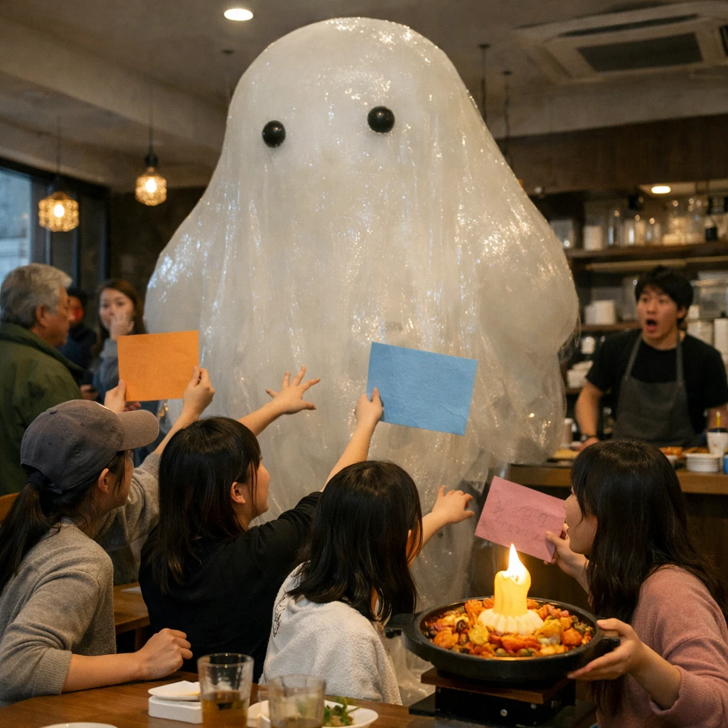 カフェの店内で巨大なもちもちとした半透明の生命体が現れ、女性たちが韓国語の応援札や特製ろうそくを手に儀式をしている様子。