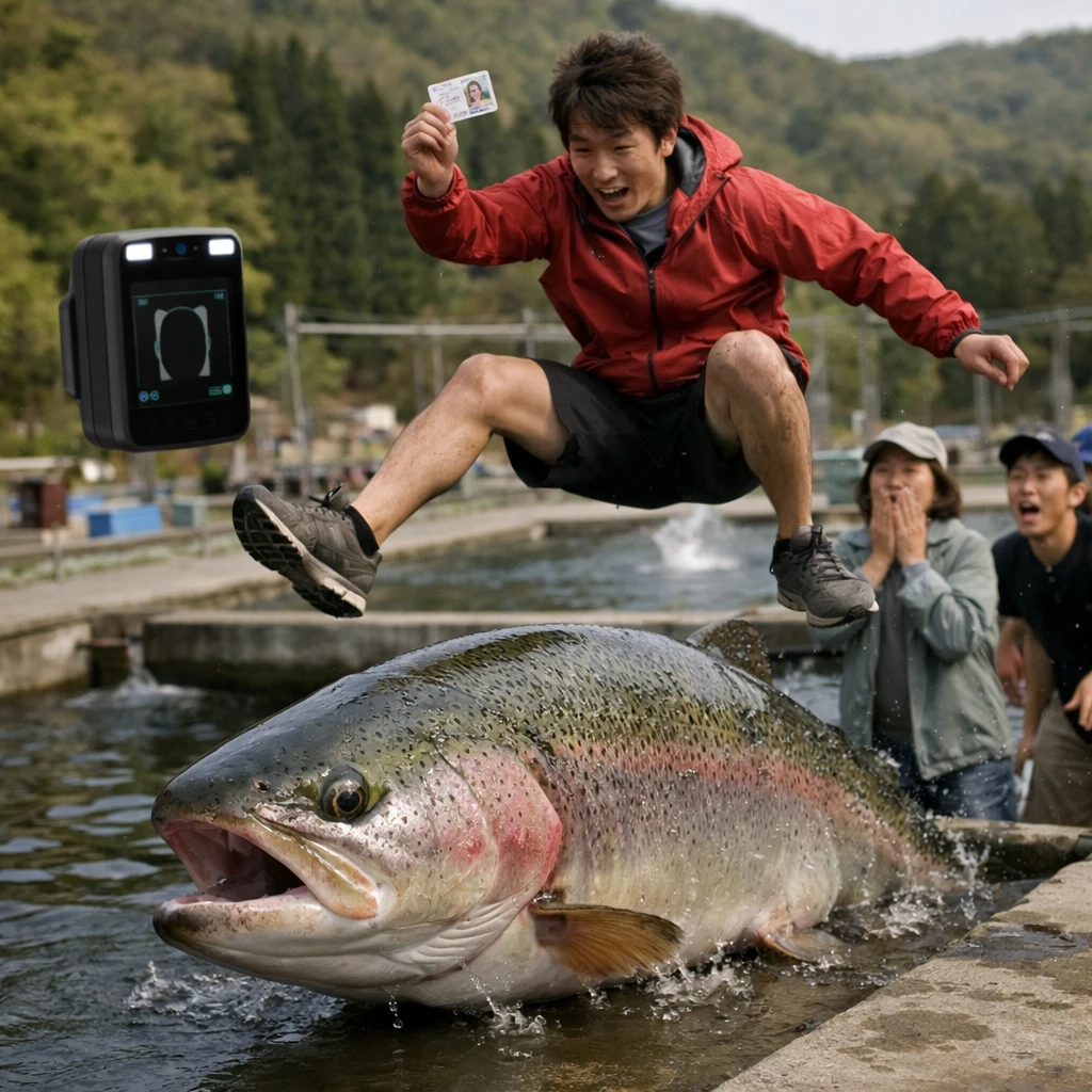 淡水魚養殖池のそばで、若者が巨大なトラウトを跳び越えつつマイナンバーカードを掲げる瞬間を捉えたドキュメンタリー風の写真。
