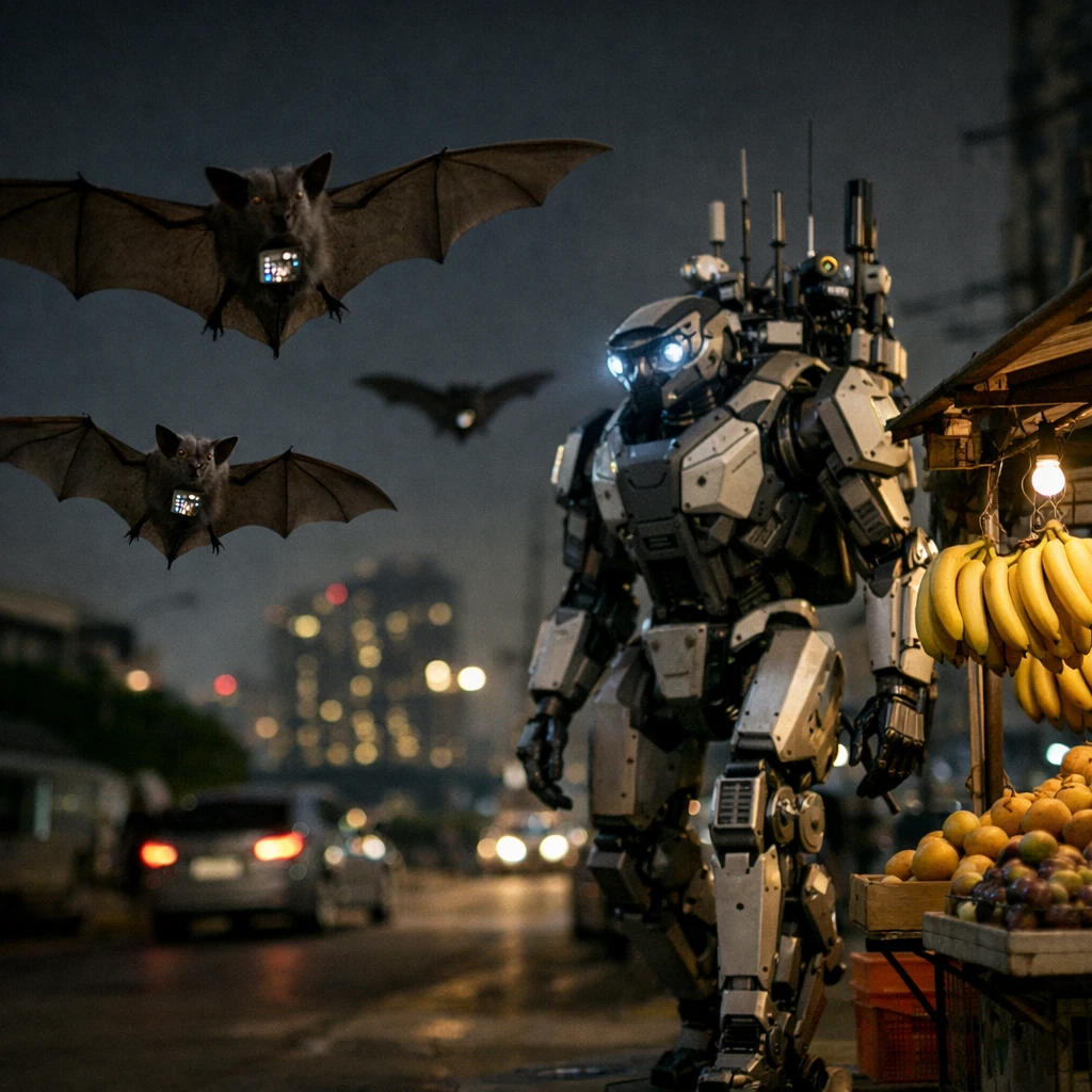 夜の都市上空を飛ぶコウモリたちの腹部に小さな電子チップが付けられ、地上では近未来的な移動型基地局がバナナを売る屋台の近くを歩いている様子。