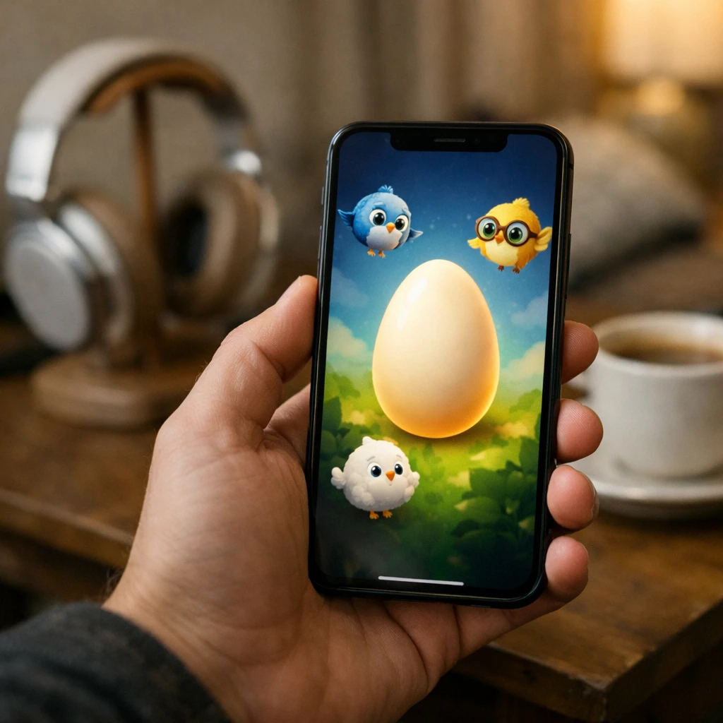 スマートフォンで“たまご”マークの音楽サブスクアプリを操作する手元が、室内のテーブル上のカップやヘッドホンとともに写っている写真。