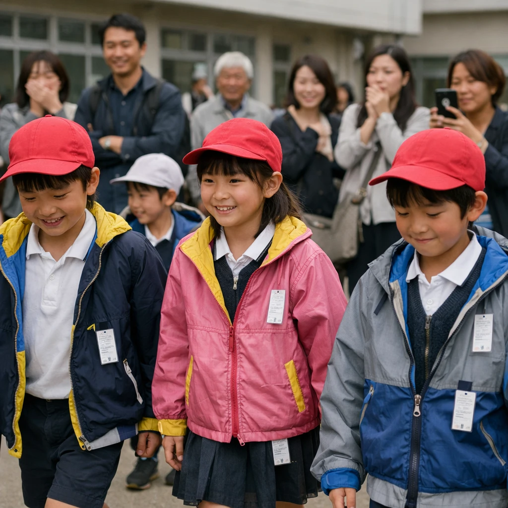 裏返しの制服を着た小学生たちが校庭でパレードしている様子を撮影した写真。