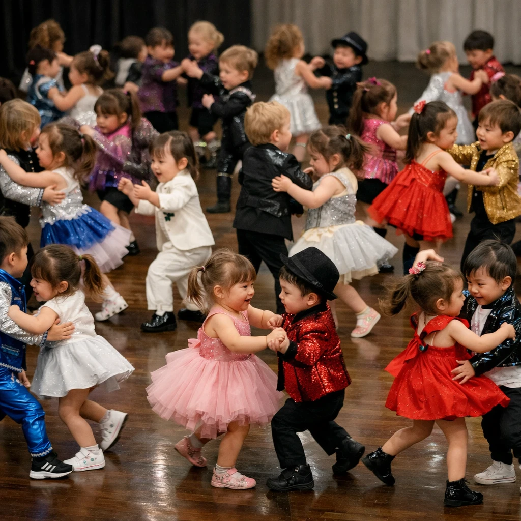 カラフルな衣装を着た50人の幼児がステージ上でワルツを踊ろうとするも、バラバラに動いている様子の写真です。
