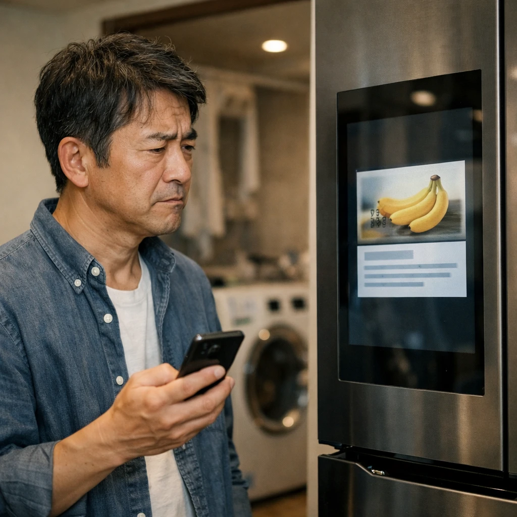 リビングでスマート冷蔵庫とスマート家電の異常通知に戸惑う中年男性の写真。