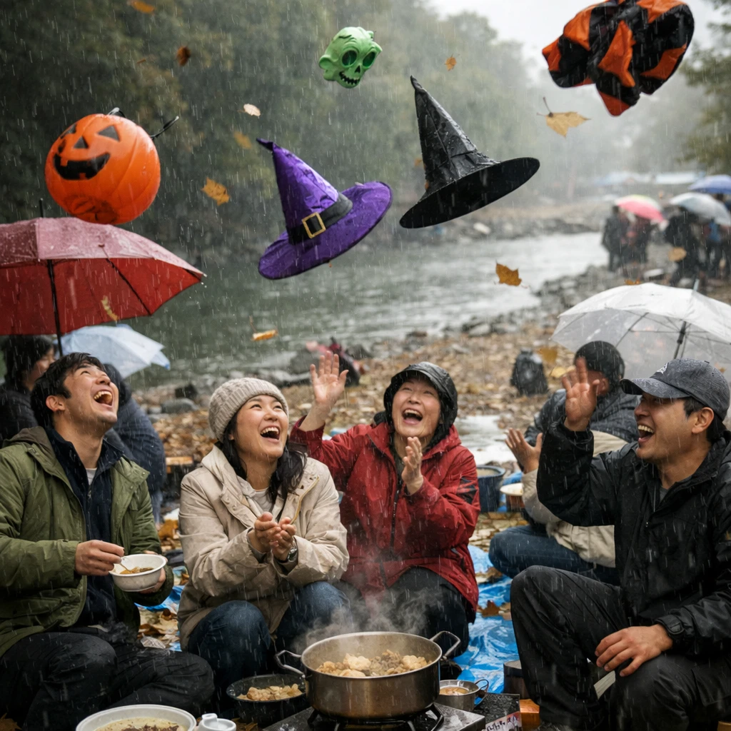 河原で芋煮会を楽しむ人々の上にハロウィンの衣装や小物が雨のように降り注ぐ様子を撮影した実写風写真。