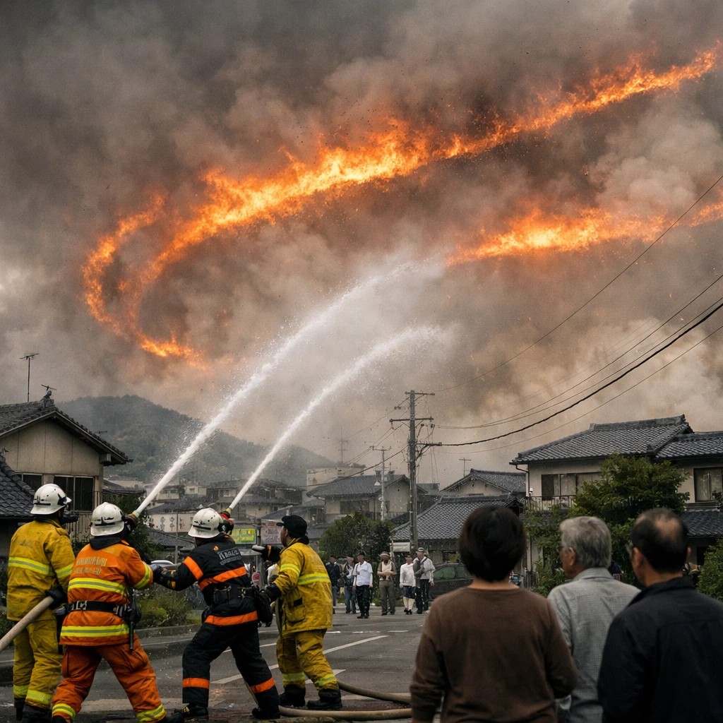 日本の郊外の町で、空に炎の帯が現れ、消防士たちがホースで消火活動を行い、住民たちが遠巻きに見守っている様子の写真。