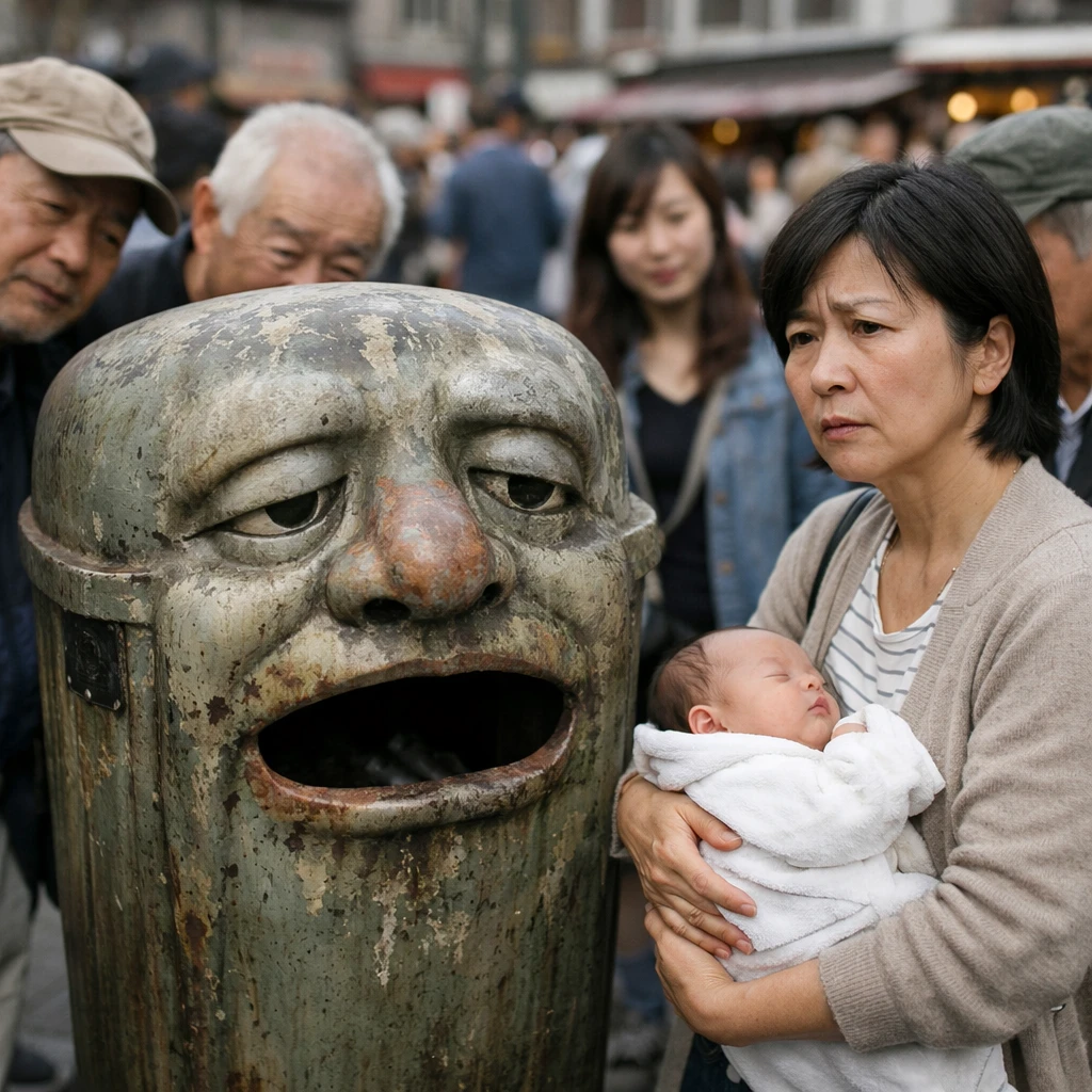 広場のごみ箱の前で赤ちゃんを抱き戸惑う女性と、それを見守る人々のリアルな写真。