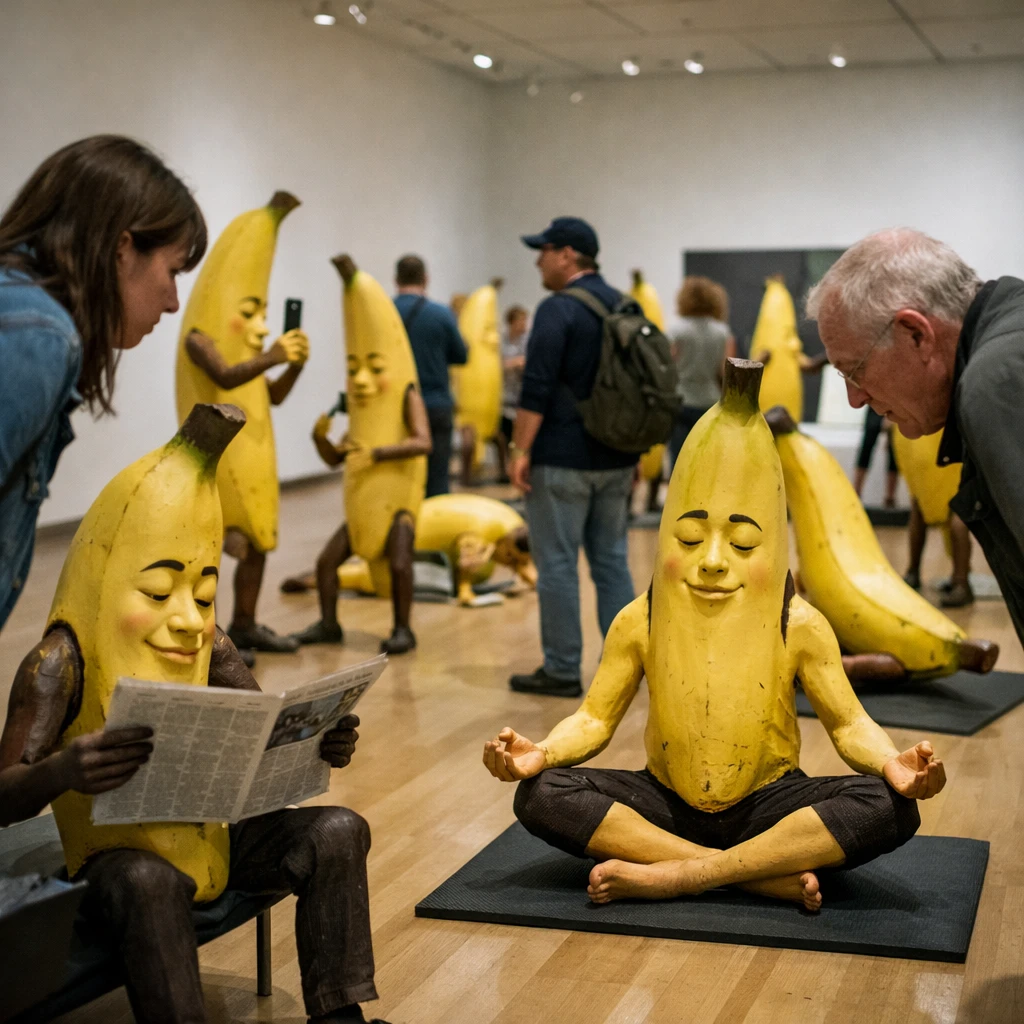 現代美術館の広い展示室で、人間そっくりのバナナ像が日常生活のポーズで数十体並び、鑑賞者が驚いた様子で見つめている写真。
