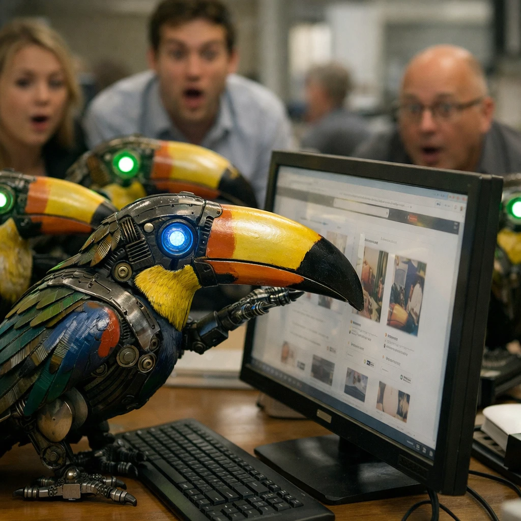 オフィスのECサイトのパソコン画面を囲み、鮮やかな機械オオハシロボットたちが大きな嘴で画面をつつく様子の写真です。