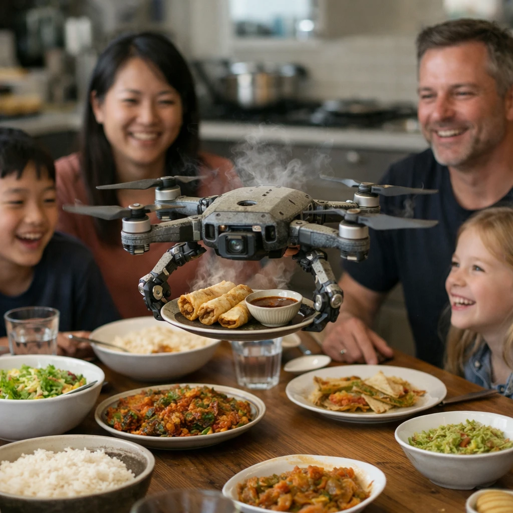 家庭の食卓で、多国籍の料理を運ぶドローンが家族に料理をサーブしている様子の写真。