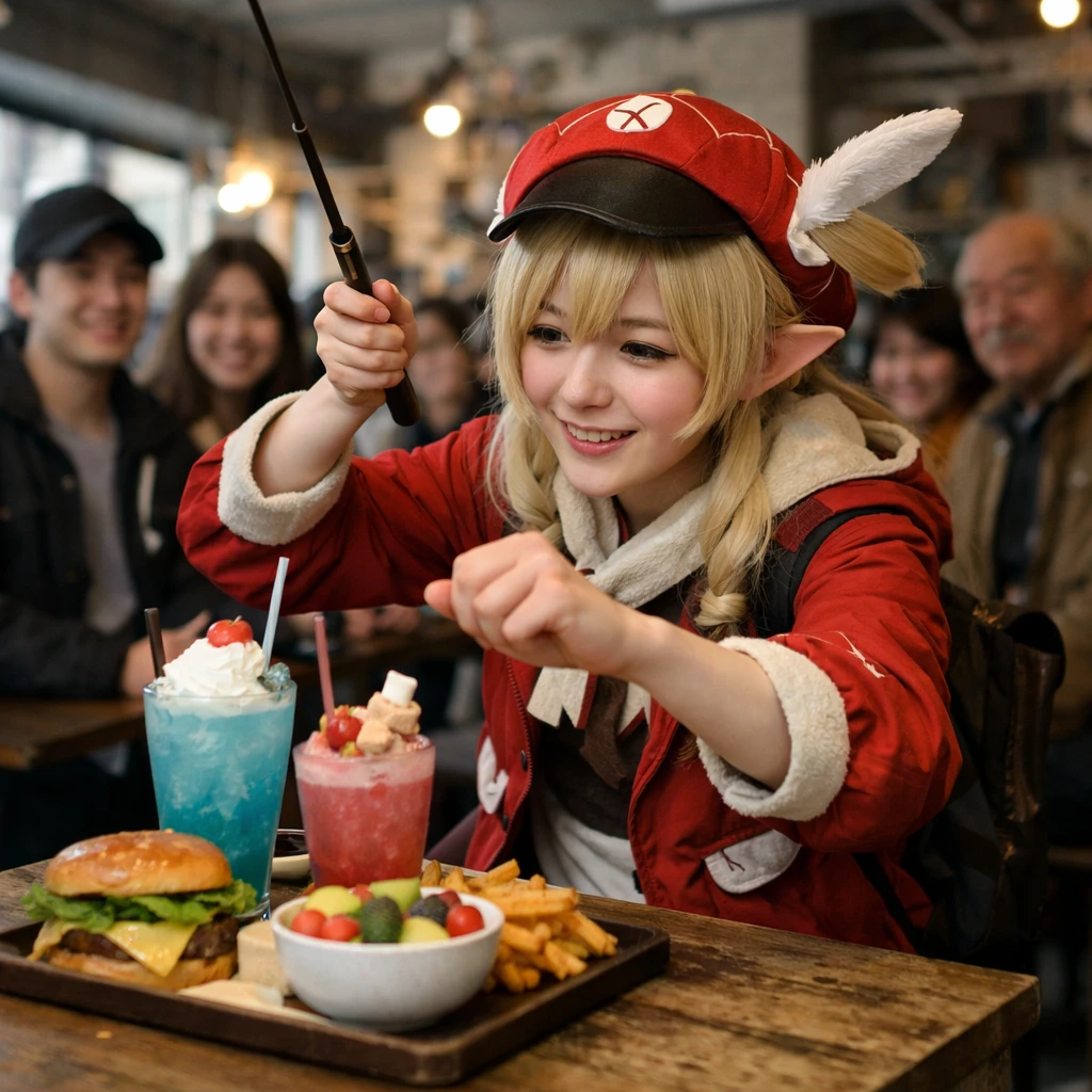 カフェで若い女性が透明の釣り竿を持ち、不思議そうに見守る観客とカラフルな料理を前にしている様子の写真。