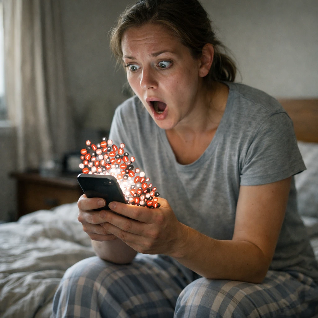 ベッドの端に座り、スマートフォンに大量の通知が表示されて驚く人の実写風写真。