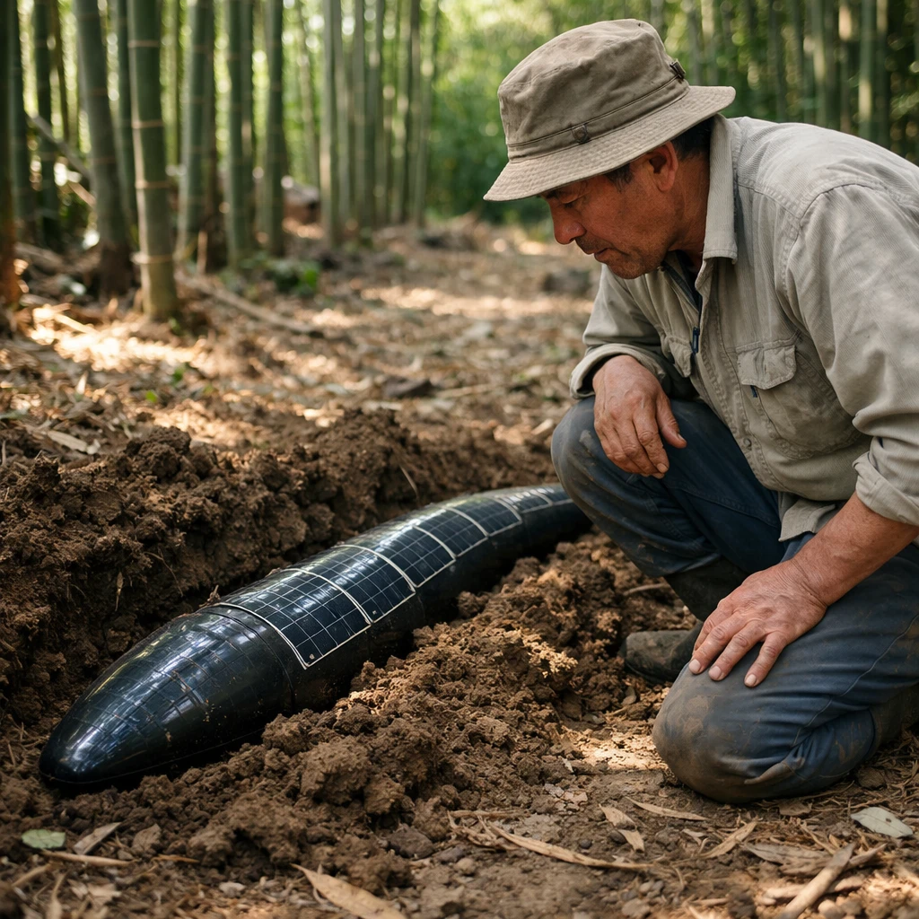 竹林の中で掘り返された地面からソーラーパネル模様の黒いうなぎ型デバイスが一部露出し、驚いた様子の農業技師が近くで膝をついている光景。