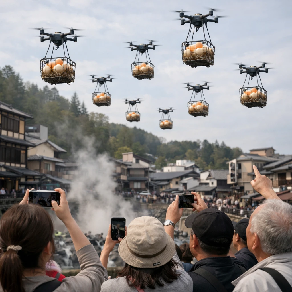 温泉街の上空を飛ぶドローンのかごに乗った温泉卵と、それを見上げ撮影する観光客の様子。
