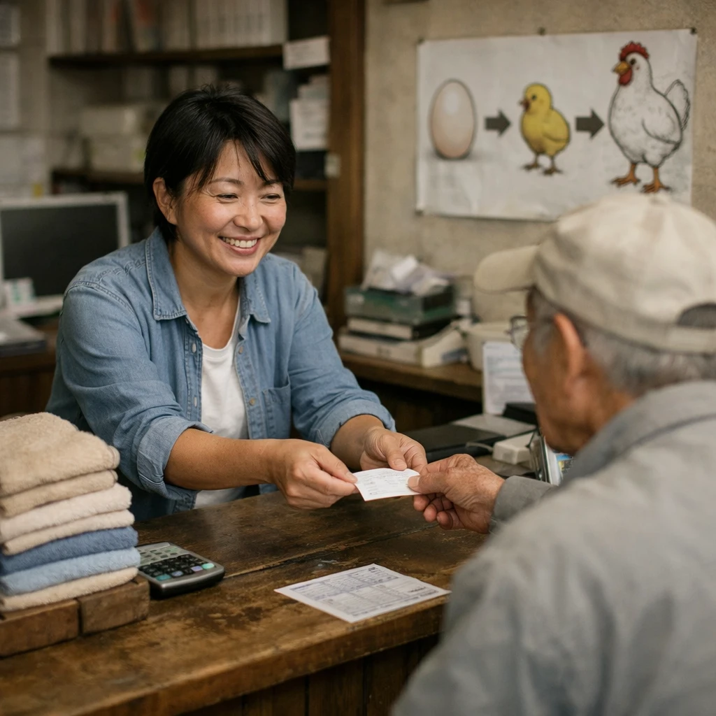 日本の田舎の小さな銀行カウンターに、積まれたタオルと職員が預金証を手渡す様子が写っている。