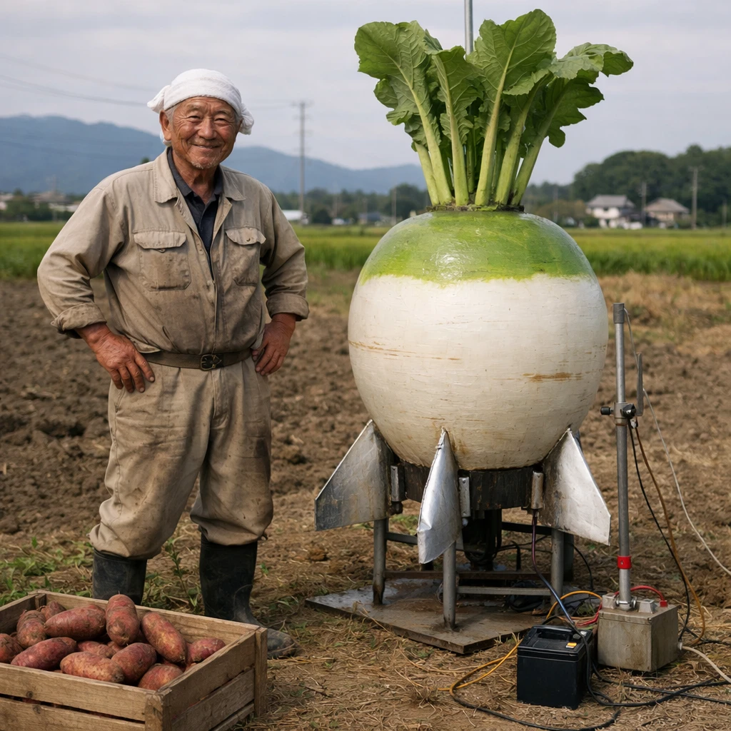 畑の中で自作のカブ型ロケットとサツマイモを並べ、誇らしげに立つ年配の男性の写真。