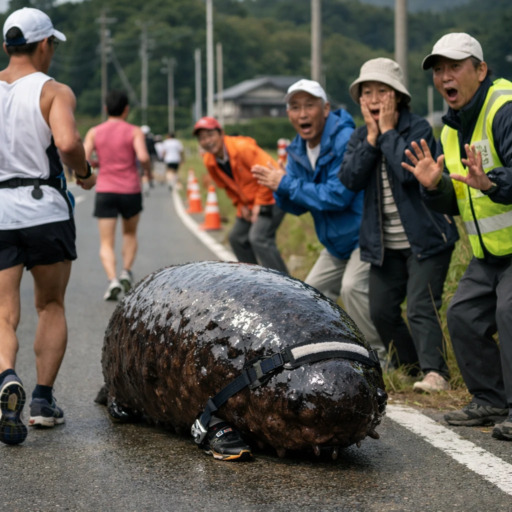 マラソンコース上で巨大なナマコの姿が観客や関係者の驚いた視線を集めている現実感のある場面。