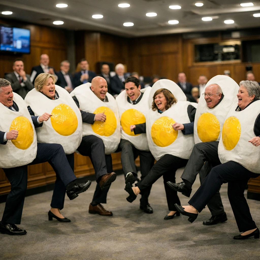 議会のフロアで大きなゆで卵の着ぐるみを着た8人の人物がダンスを踊る様子を撮影した写真。