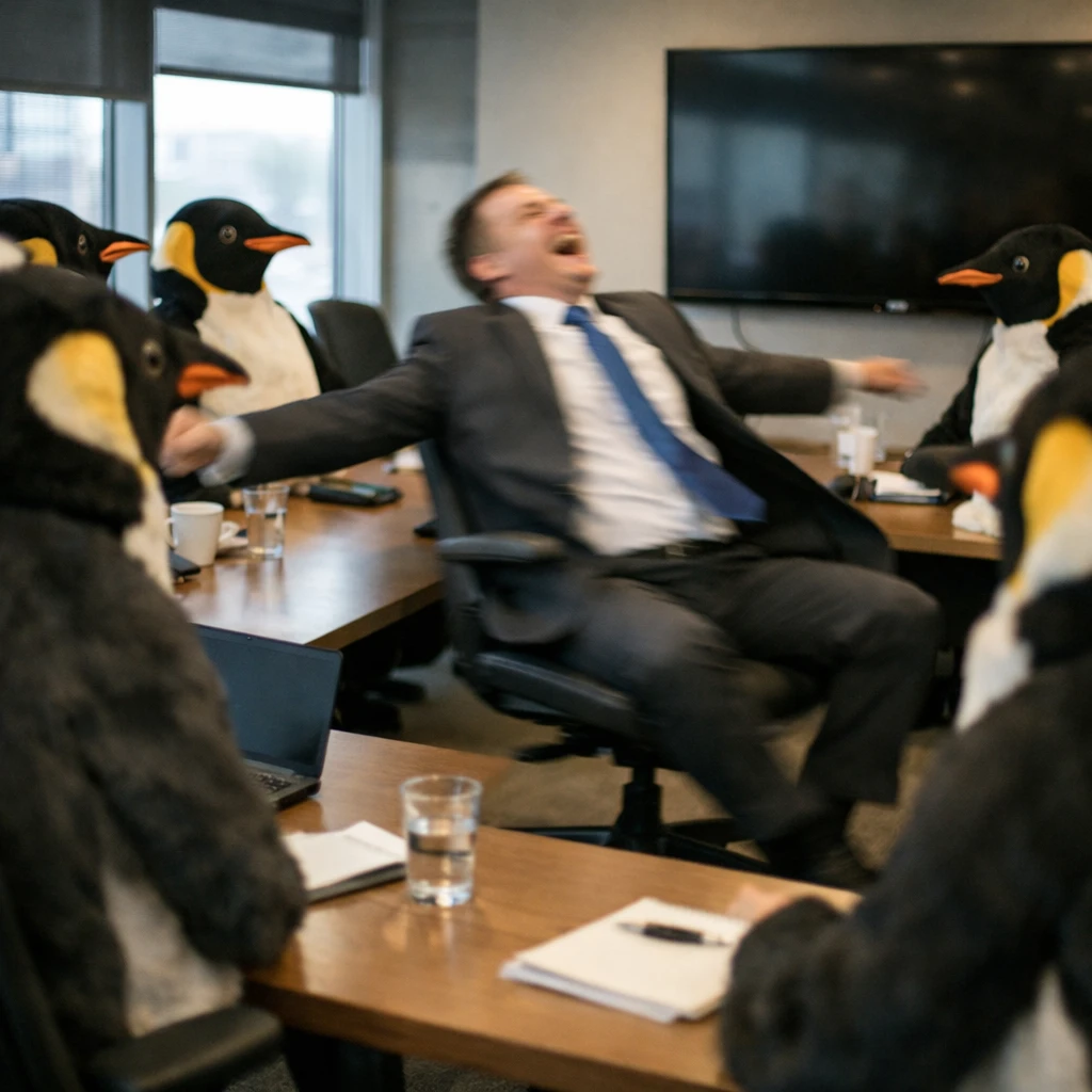 ペンギンの着ぐるみを着た社員たちが会議テーブルを囲み、中央で一人が回転しているオフィスの写真。