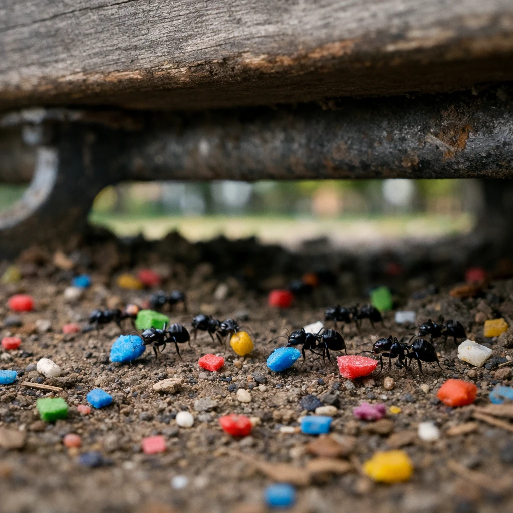 公園のベンチ下でカラフルなプラスチック片を運ぶ蟻の集団を接写した写真。