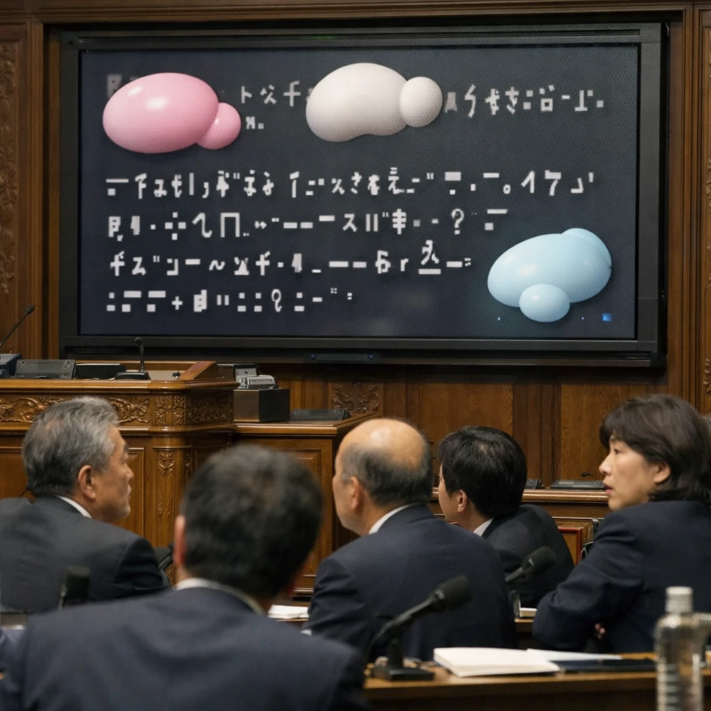 国会議場で議員たちが困惑した表情で大型スクリーンを見つめている、翻訳画面にマシュマロのような不自然な形が現れている様子の写真。