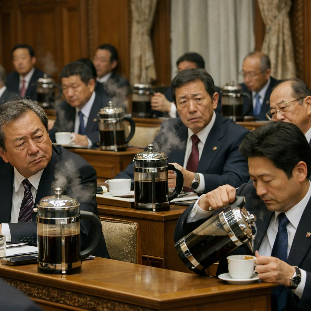 参議院の議場で各議員席に大型フレンチプレスとコーヒーが置かれ、議員が困惑した表情で座っている様子の写真。