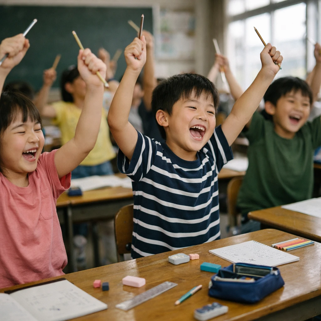 日本の小学校の教室で児童たちが両手に鉛筆を持って机の上で踊っている様子の写真です。