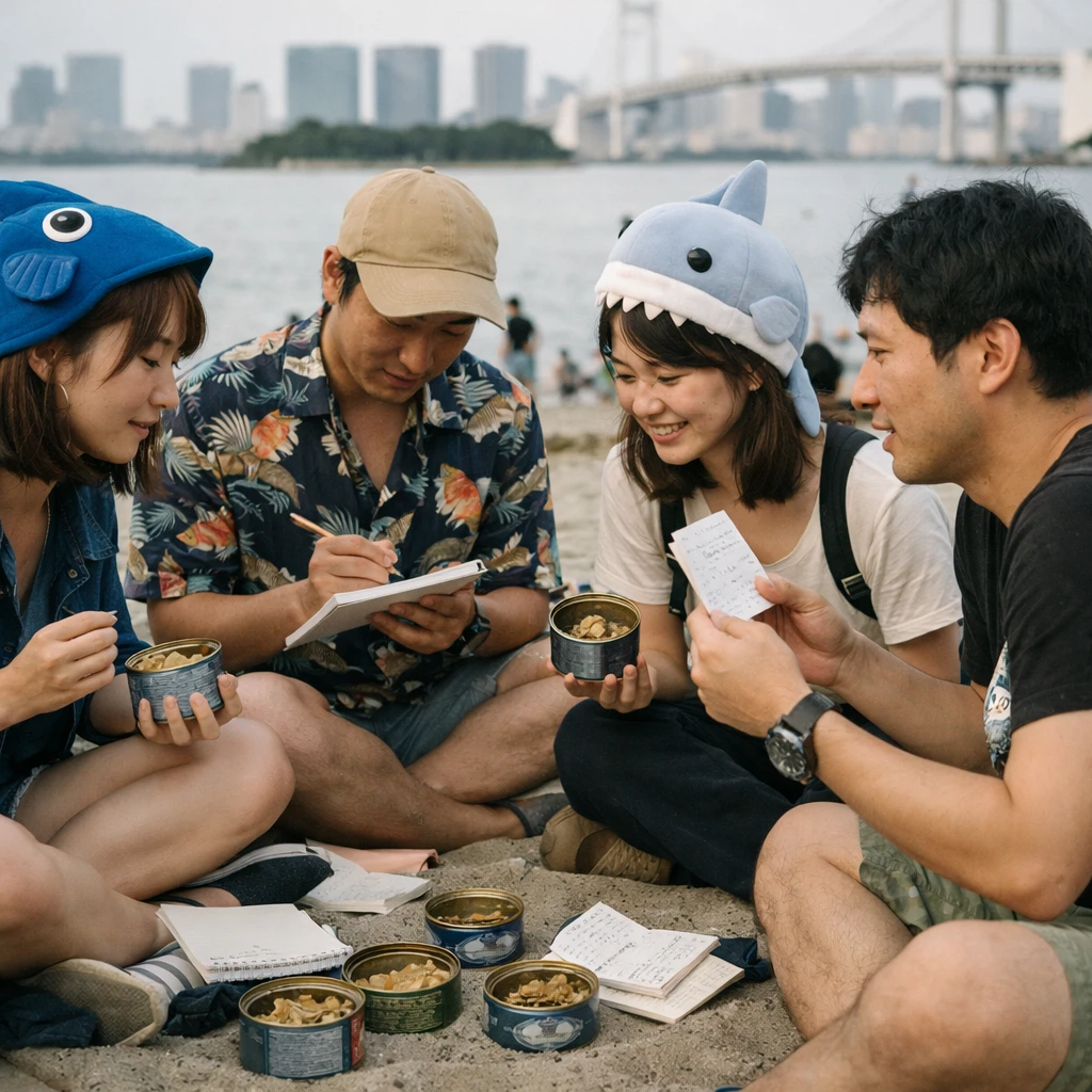 都内の海浜でサバ缶とレビュー用のメモを囲んで語り合う人々の様子。