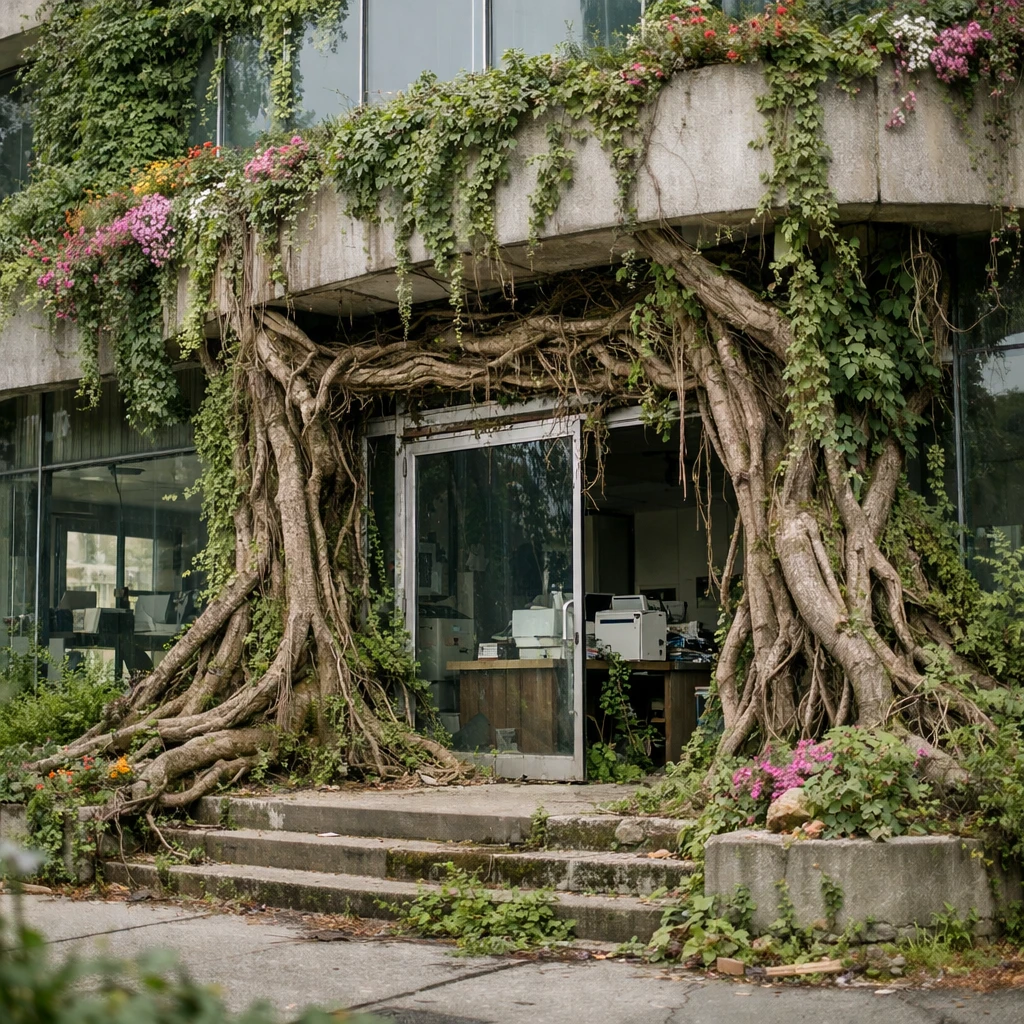巨大な蔓や花が新谷市庁舎の外壁全体を覆い尽くし、窓からは植物に包まれたオフィス用品が見える様子の写真。
