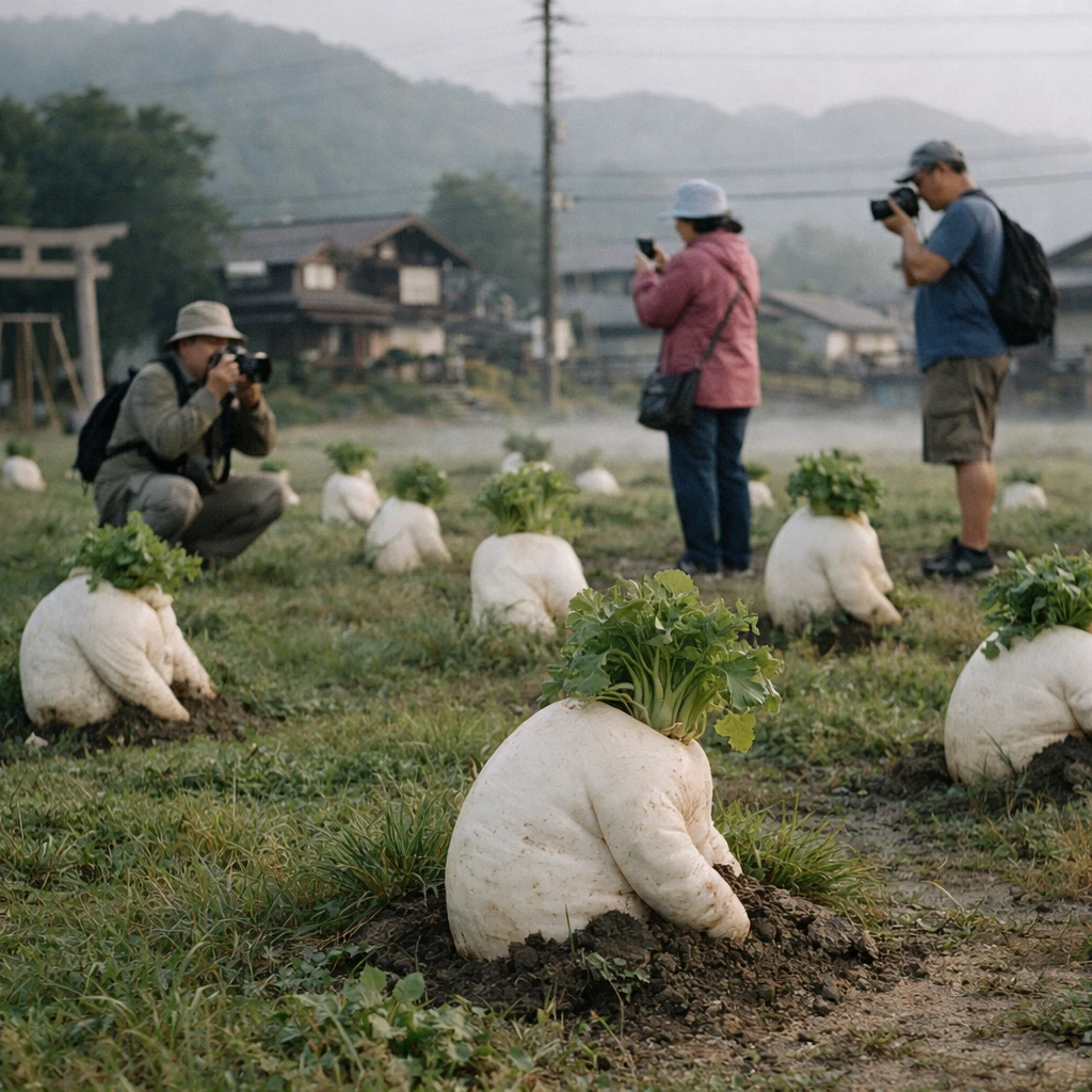 早朝の公園の芝生に、人間の服装や姿勢に似たカブが多数突き刺さり、観光客が写真を撮っている様子のリアルな写真。