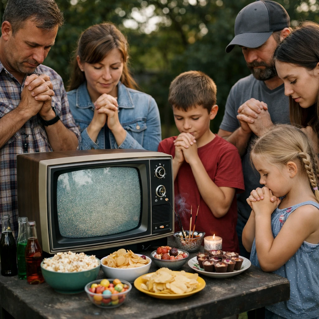 昭和時代のカラーテレビを囲んで大人と子ども数人が屋外で手を合わせている写真。