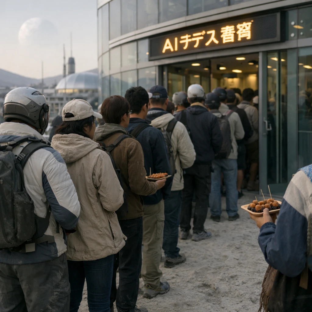 ルナ・オモテナシの市民たちがガラス張りの建物の前でたこ焼きの皿を持ちつつ長蛇の列を作って並んでいる様子の実写風写真。